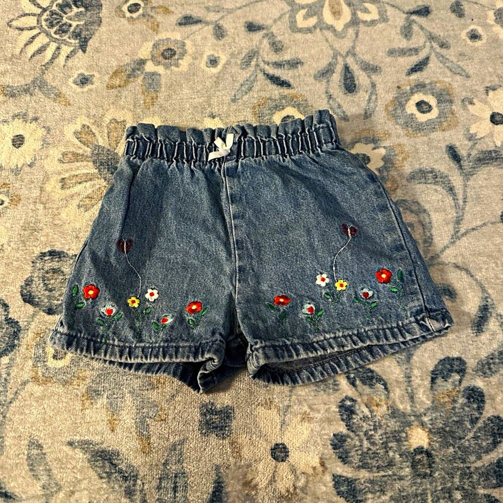 Sante Fe Jeans Co Girls 2T Blue Denim Floral Embroidered Pull-On Shorts